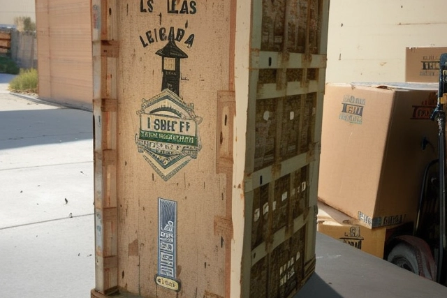 Custom wood crate with vintage-style branding, showcasing sturdy construction and eco-friendly design, ideal for packaging solutions in Las Vegas.