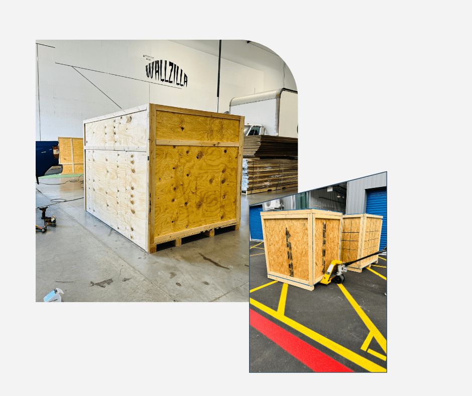 Custom wooden crates in a warehouse setting, showcasing craftsmanship for safe item transport, with additional crates in an outdoor storage area.