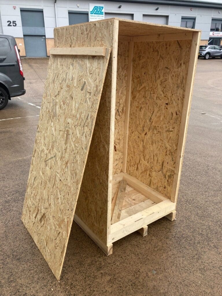 Custom wooden crate with an open side, showcasing its sturdy construction and interior space, suitable for secure shipping of valuable items.
