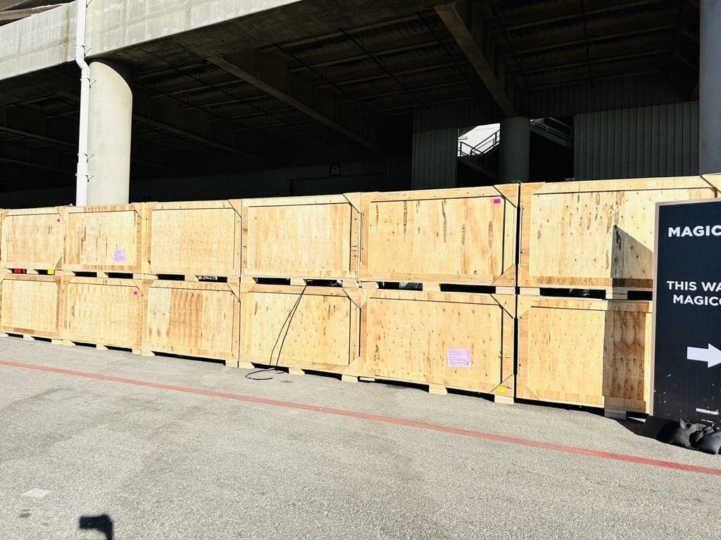 Custom wooden crate being prepared for shipping at a Las Vegas crating facility.