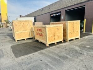 Multiple custom wooden crates prepared in Las Vegas for international shipment.